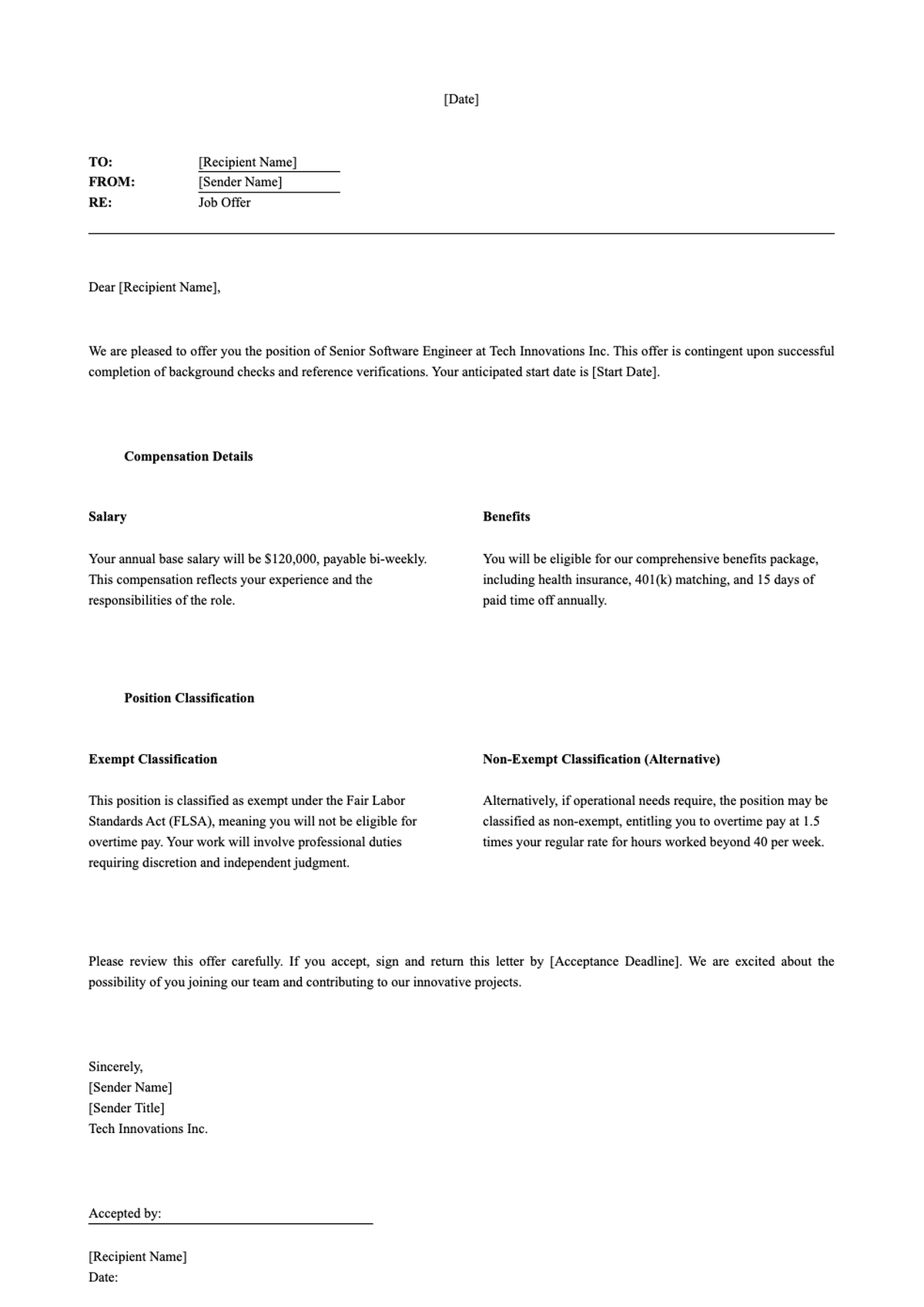 Basic job offer letter template with exempt and non exempt options_variant_2